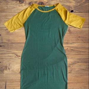 Medium Lularoe Women’s Julia dress midi jersey style- green and gold